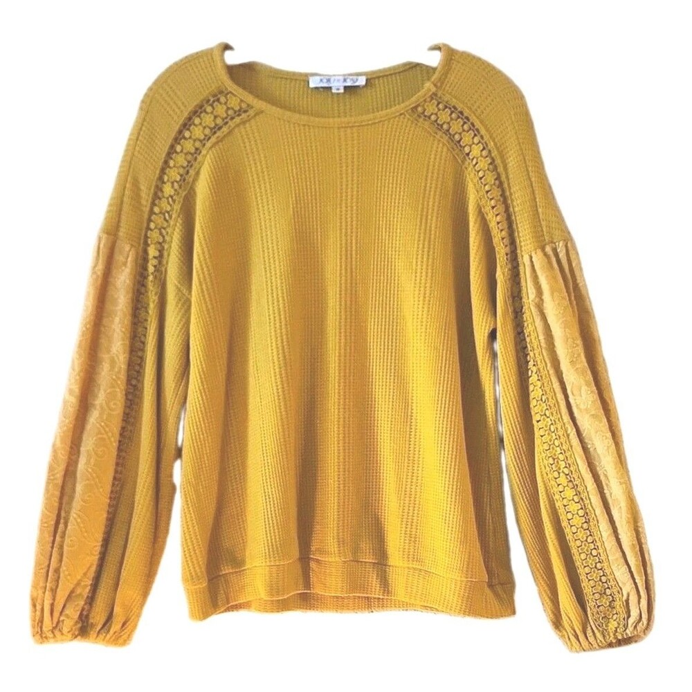 Joy Joy Mustard Yellow Balloon-Sleeve Waffle Knit Sweatshirt